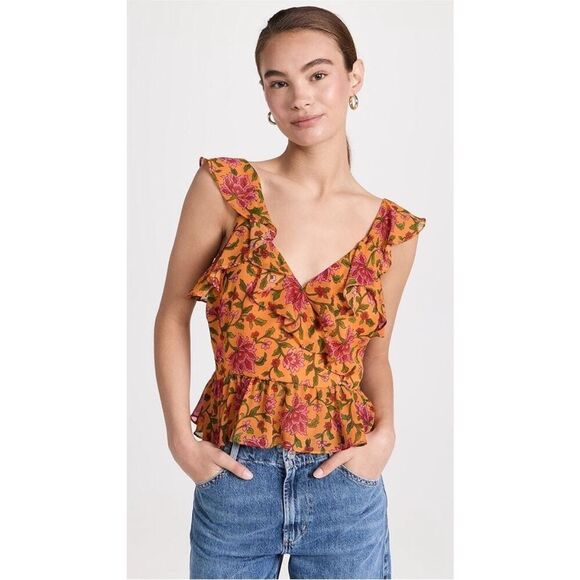 NWT Veronica Beard Randa Top Hot Orange Multi Floral Silk Blouse 12 - Picture 3 of 6